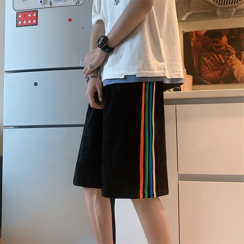 2025夏季港风条纹灯芯绒直筒五分短裤男休闲裤D201-DM49-P35图片