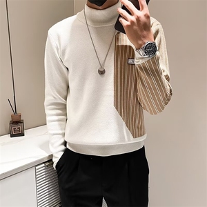高领毛衣男秋冬季宽松毛线衣撞色拼接打底针织衫男上衣 S593图片