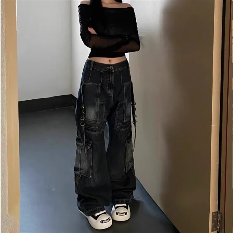重工水洗复古工装牛仔裤女春秋季美式街头痞帅宽松小众直筒阔腿裤,男装牛仔裤,星座1210-1