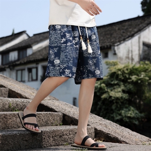 夏季亚麻棉麻印花风五分裤男宽松短裤个性A266-1-KZ773-P40图片