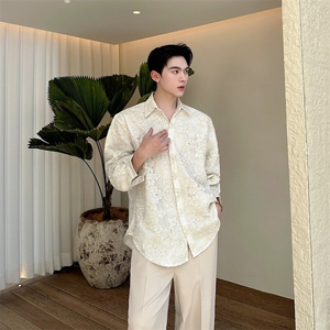 春季新款潮流男装双层浮雕薄纱绣花工艺长袖方领衬衣A345-635-P145图片