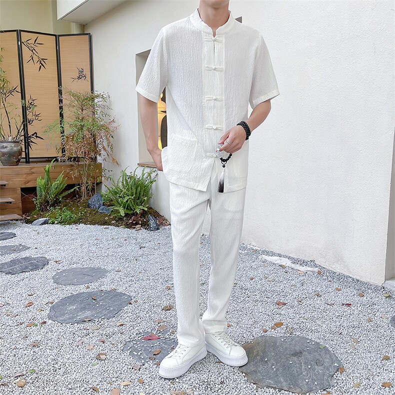风休闲运动套装褶皱轻薄透气时尚盘扣短袖T恤两件套装TZ312,男装T恤,星座305A（原312A-1）