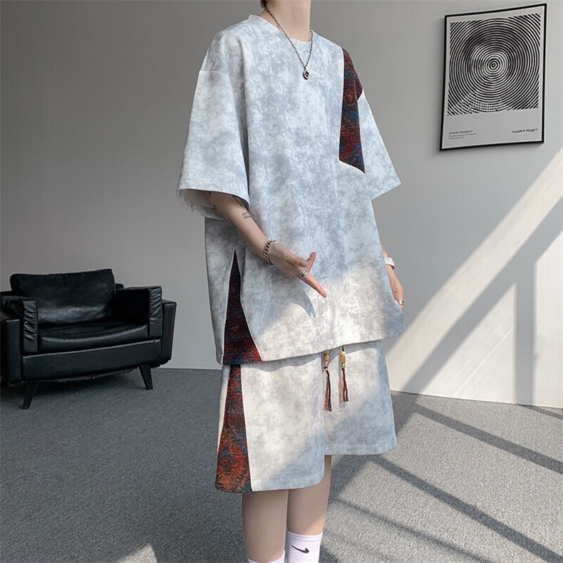 8XL-M民族风潮拼接休闲运动套装男夏季学生短袖短裤TZ38001P60,男装休闲套装,电商B312