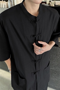 8XL-M 新中式衬衫男中山装麻棉风复古中袖衬衣唐装CS527P60图片