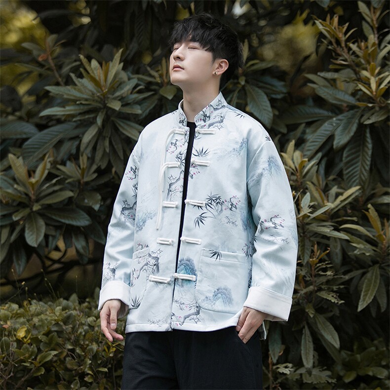 外景新中式风水墨竹子数码印花盘扣立领复古唐装外套JK97,男装民族服装,星座305A（原312A-1）