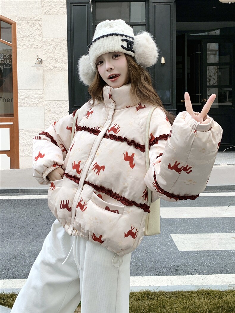 马上有钱羽绒服女冬新年战袍外套红色小马撞色2025年冬季新款刺绣,女装羽绒服,艾米莉亚