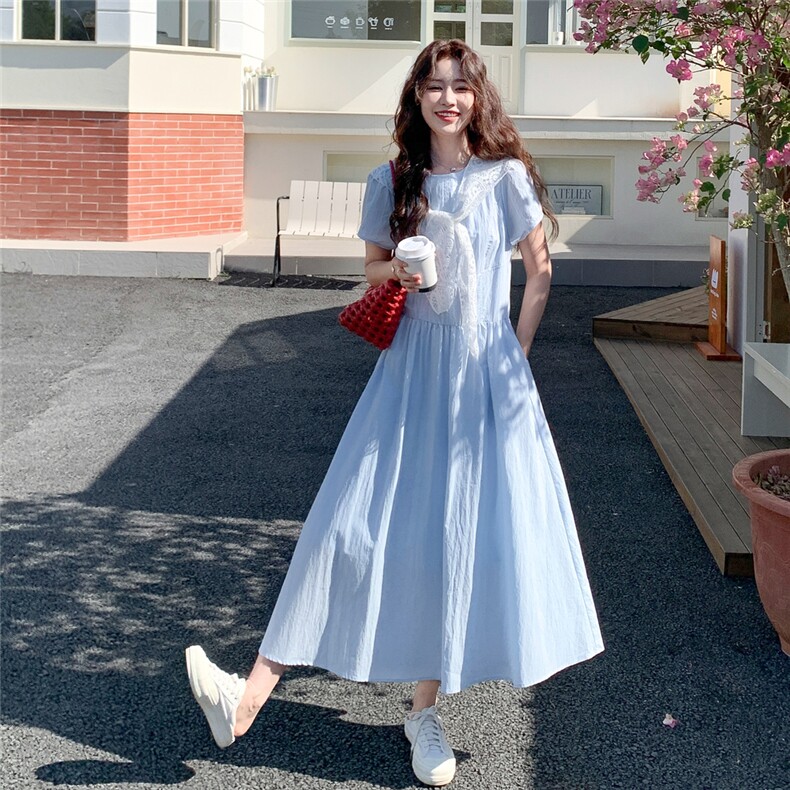 少女感减龄蓝色连衣裙女2025夏季新款法式温柔风蕾丝披肩A字长裙图片