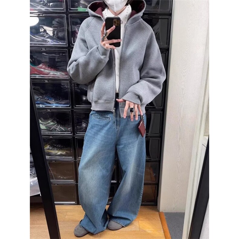 2025新款短款连帽卫衣开衫男女春秋美式潮牌重磅撞色情侣帽衫外套,女装短外套,四季星座505