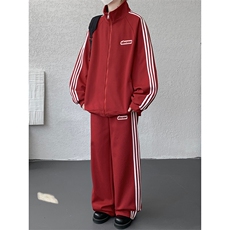 8XL-M条纹撞色开衫新年红卫衣运动套装潮牌运动服校园风TZ114P118，男装休闲套装，电商D206-1
