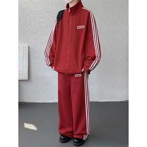 8XL-M条纹撞色开衫新年红卫衣运动套装潮牌运动服校园风TZ114P118图片