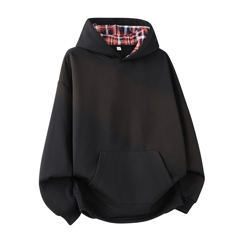 抖音得物高品质美式高街重磅结构设计假两件格子连帽卫衣外套W106，男装卫衣，电商A486