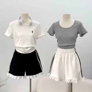 甜辣妹性感修身短裤女纯欲风减龄阔腿裤花边拼接双杠休闲百搭裤子图片