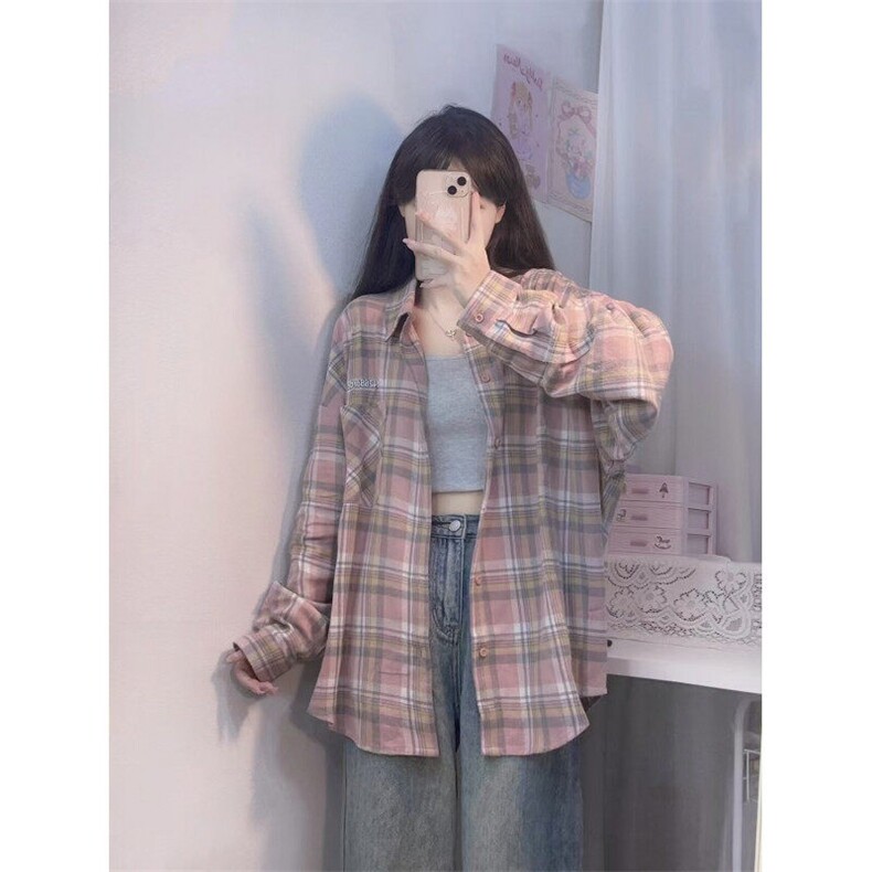 美式复古粉色格子衬衫女设计感小众防晒长袖格纹衬衣外套CA170,男装防晒衣,星座1116A（原606A-3）