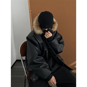 可拆卸毛领皮衣棉服男款冬季高级感痞帅美式机车外套LF988 P125图片