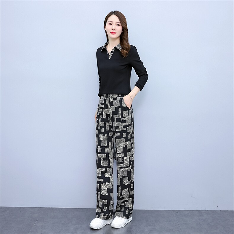 印花阔腿裤时尚套装女夏装新款露肩短袖上衣高腰垂坠感长裤两件套,女装套装/套裙,天丽