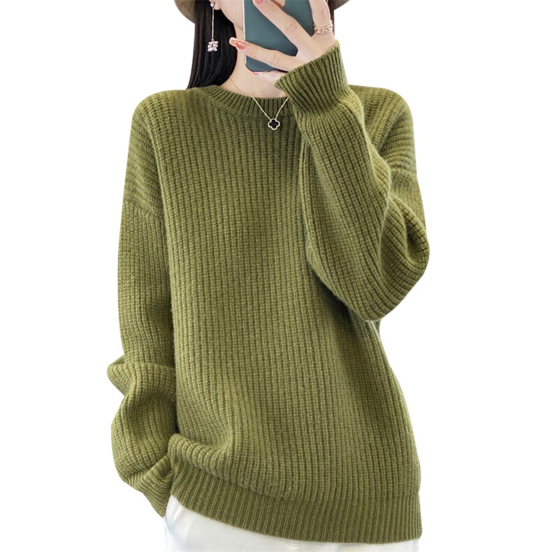 圆领羊毛针织衫女宽松软糯慵懒风羊毛时尚打底衫,女装羊毛衫,忠诺羊绒