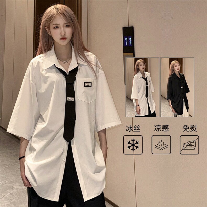 夏季冰丝短袖衬衫宽松学院风情侣衬衣（送领带）CS802-特P35图片