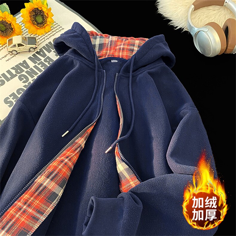 毛毯风摇粒绒格子开衫连帽卫衣宽松加绒冬潮牌外套A436-113-P60,男装卫衣,电商A436