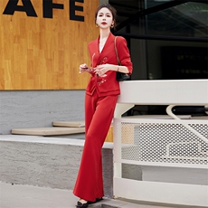 秋冬女士长裤长袖修身高腰纯色显瘦刺绣套装职业气质大码女装潮流，女装套装/套裙，红依一坊