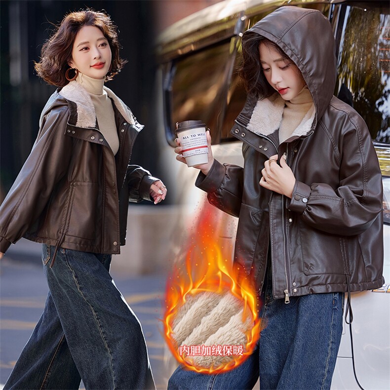 【2024冬季女装新款】时尚休闲港风连帽加绒皮衣皮棉外套,女装皮衣,魅衣本色