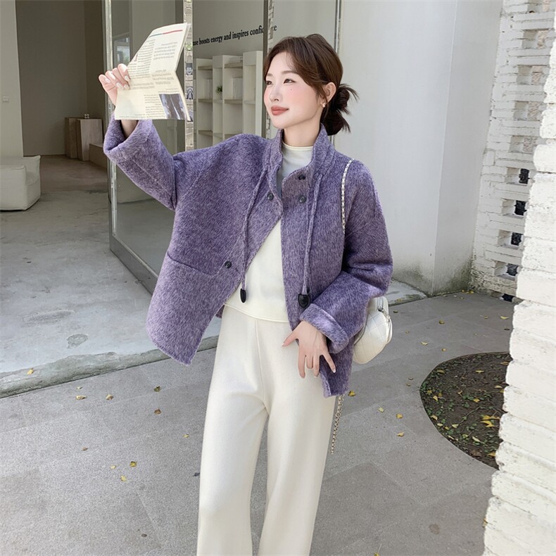 紫色立领双面呢大衣女2025秋冬新款法式漂亮气质小个子毛呢外套潮,女装羊绒大衣,2C316