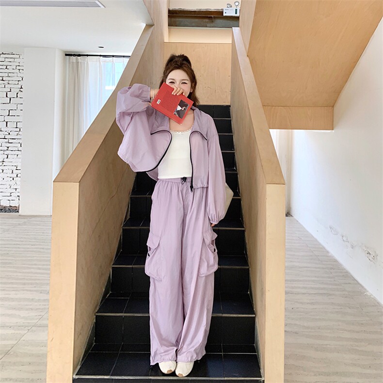粉紫UPF50+防晒户外工装短外套/+阔腿裤套装，女装套装/套裙，纯色衣恋