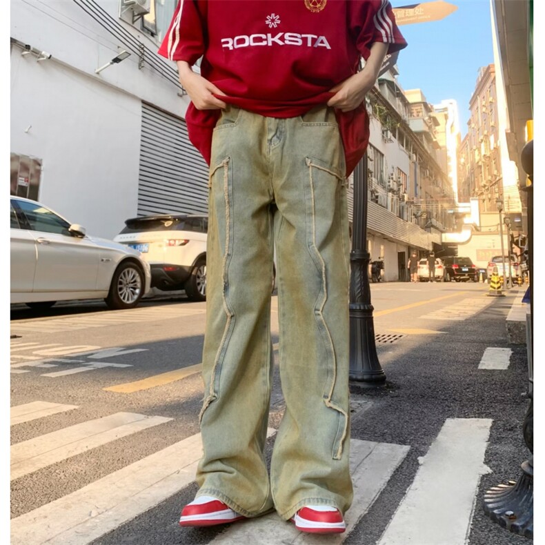 美式高街复古水洗做旧裤子男女同款百搭宽松黄泥染直筒BK45-P68图片