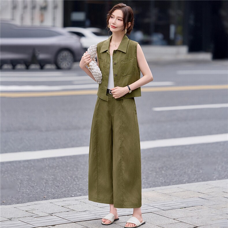 2026夏新款亚麻气质马甲外套百搭阔腿裤套装,女装套装/套裙,瑶迪依秀