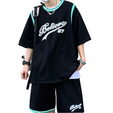 纯棉夏季短袖T恤套装青少年宽松潮流篮球服两件套男装F311P58，男装休闲套装，电商A086