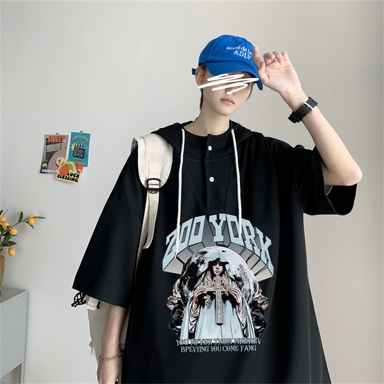 夏季港风冰丝宽松连帽短袖t恤五分体恤上衣TLM3149-P40控58,男装T恤,电商B370