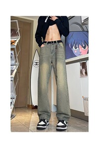牛仔裤男美式潮牌高街hiphop宽松夏季水洗直筒微喇裤子71666-p45图片