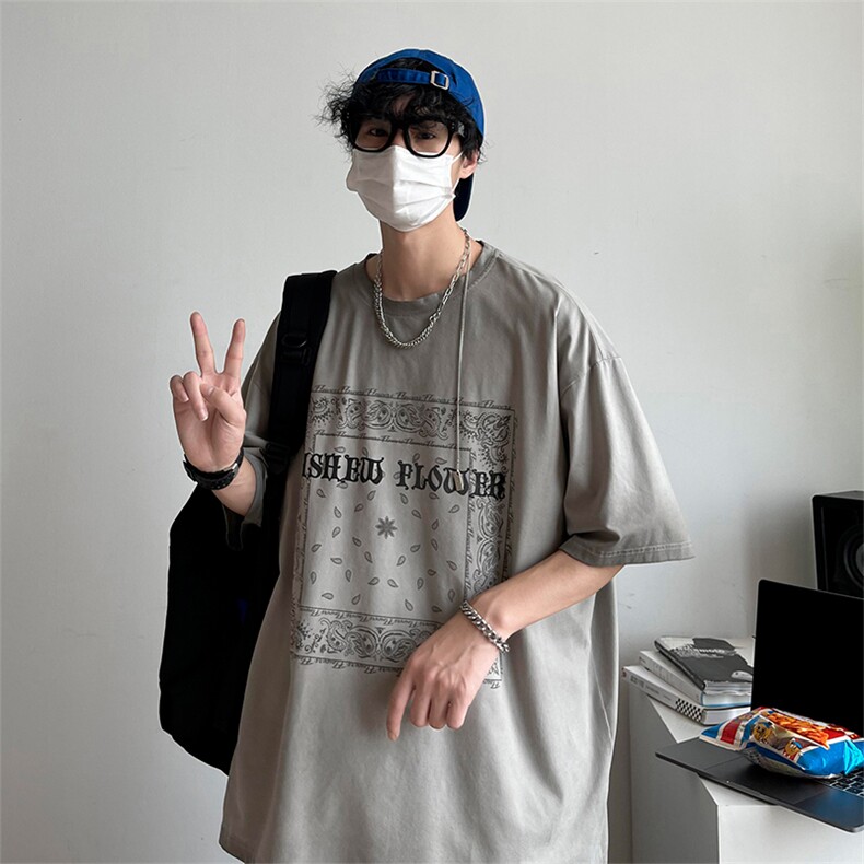 22年新款短袖港风模特腰果花纯棉手感落肩宽松胖子T恤TC3122-P33,男装T恤,星座717