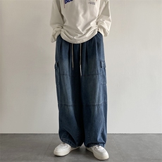 牛仔裤男工装口袋港风潮流2024秋冬新款ins宽松束脚裤K2446-P43，男装牛仔裤，星座412-2