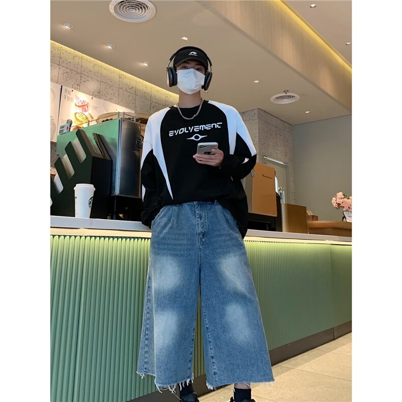 欧美高腰复古宽松牛仔九分裤男夏季新款高街休闲百搭 P43图片