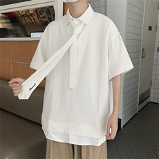美式潮牌ins假两件套头衬衫男送领带宽松短袖衬衣服CS01271-P45，男装衬衫，星座308B-1