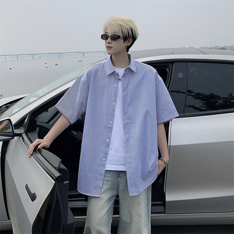 B221美式ins高街宽松薄款条纹短袖衬衫SY2552-特P28控49,男装衬衫,电商B221