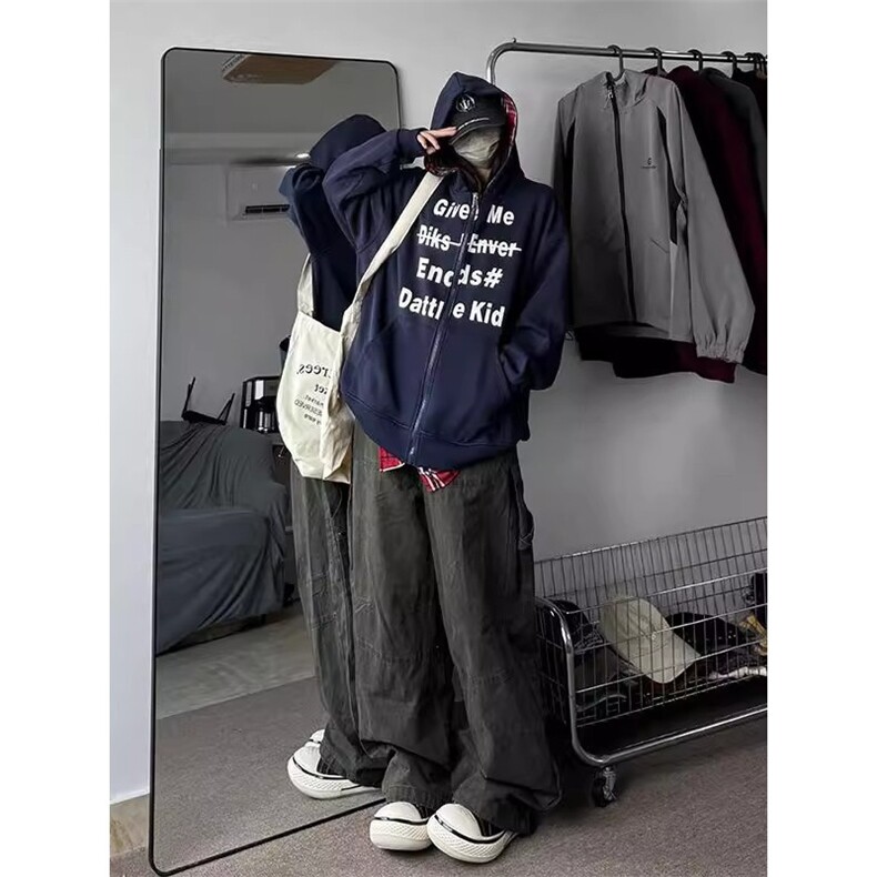 Y748-P42 重磅假两件格子拼接连帽卫衣男女春秋季潮牌百搭情侣图片
