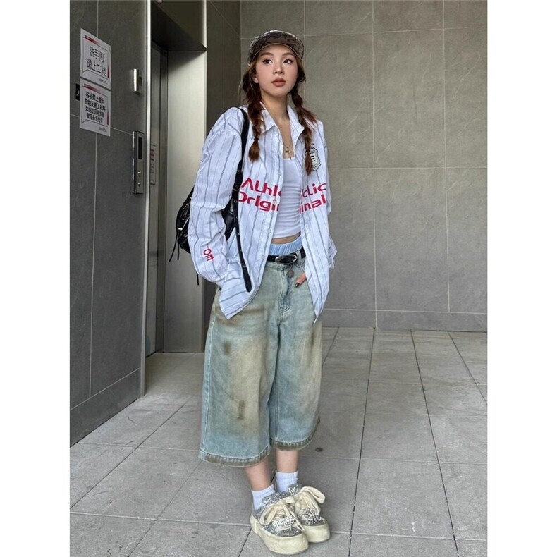 美式复古衬衫女初春字母印花撞色条纹翻领长袖休闲外套学院风上衣,男装衬衫,星座506A