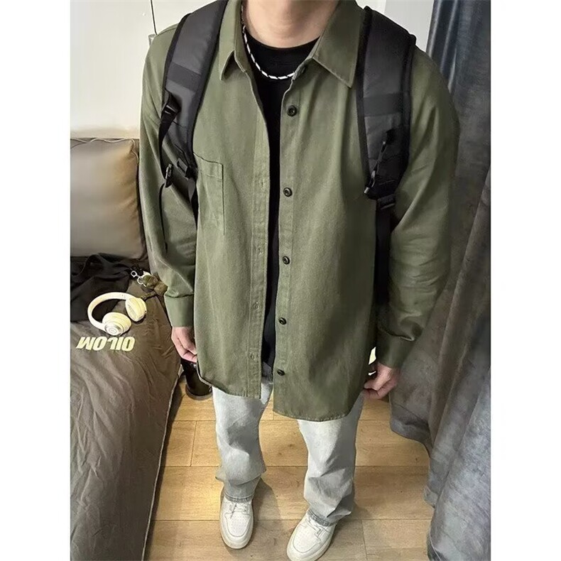 C09-P35 山系军绿色工装衬衫男美式休闲冰丝宽松长袖衬衣图片