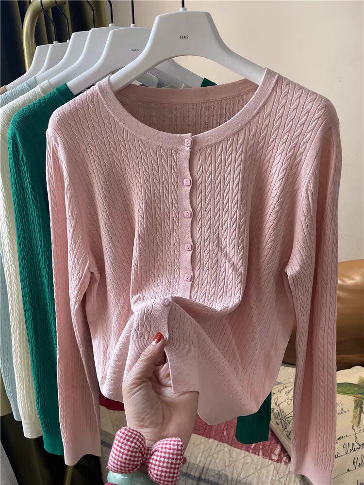 针织衫开衫女圆领长袖单排扣纽扣螺纹上衣外搭百搭显瘦麻花，女装防晒衣，斯尔特羊绒