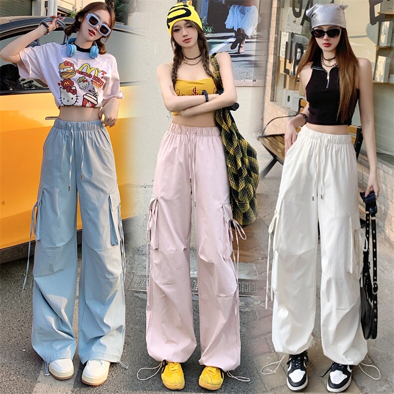 蓝色潮酷工装裤女2025春夏薄美式高腰显瘦速干运动束脚阔腿直筒裤,女装休闲裤,梦白服饰厂