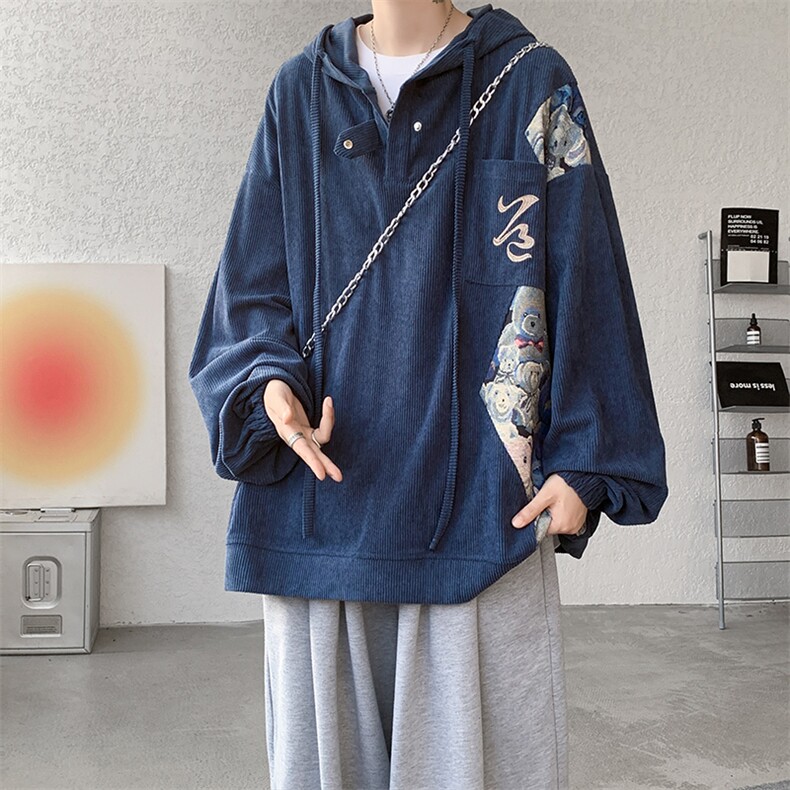 藏青色灯芯绒刺绣工装连帽卫衣男新中式国风高级感宽松潮牌外套秋,男装卫衣,电商A059