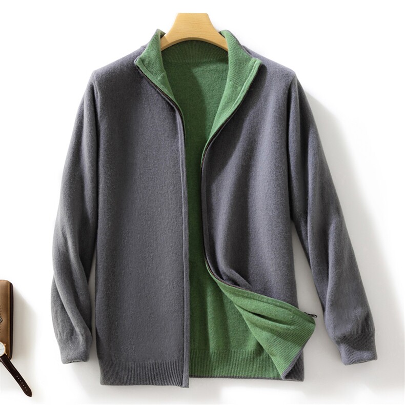 重磅加厚山羊绒外套男士双面立领拉链针织毛衣羊毛两面外穿开衫，男装羊毛衫，忠诺羊绒