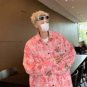 美式洗水做旧刺绣衬衫外套男春秋格子含棉格子刺绣长袖衬衣 CJ25图片
