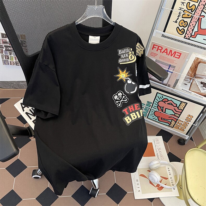 2025夏季新款复古潮涂鸦卡通短袖t恤学生情侣宽松现货T1836-P40,男装T恤,星座512-4