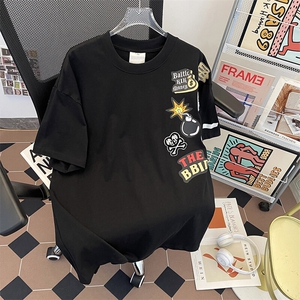 2025夏季新款复古潮涂鸦卡通短袖t恤学生情侣宽松现货T1836-P40,4个度的男生穿衣搭配图片