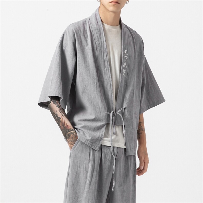 夏季风道袍男短袖汉服古风潮开衫汉服防晒衣套装TZ05/P85,男装休闲套装,钱塘713