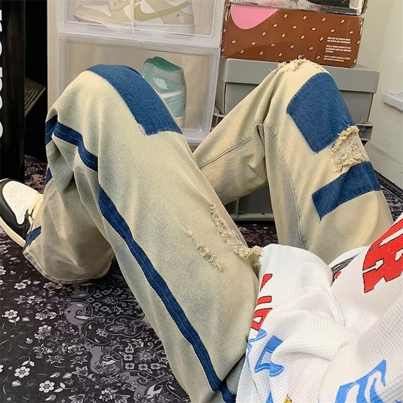 破洞牛仔裤男宽松高街直筒阔腿混色拼接拖地贴布裤子 NK522图片