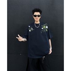 Q323-P45重工街头新中式花卉刺绣廓形短袖T恤百搭圆领夏装上衣服，男装T恤，星座911-1