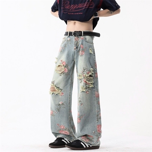 美式破洞玫瑰花卉牛仔裤男女夏季设计直筒裤微喇长裤子L66200-P50,米色毛呢阔腿裤怎么搭配图片